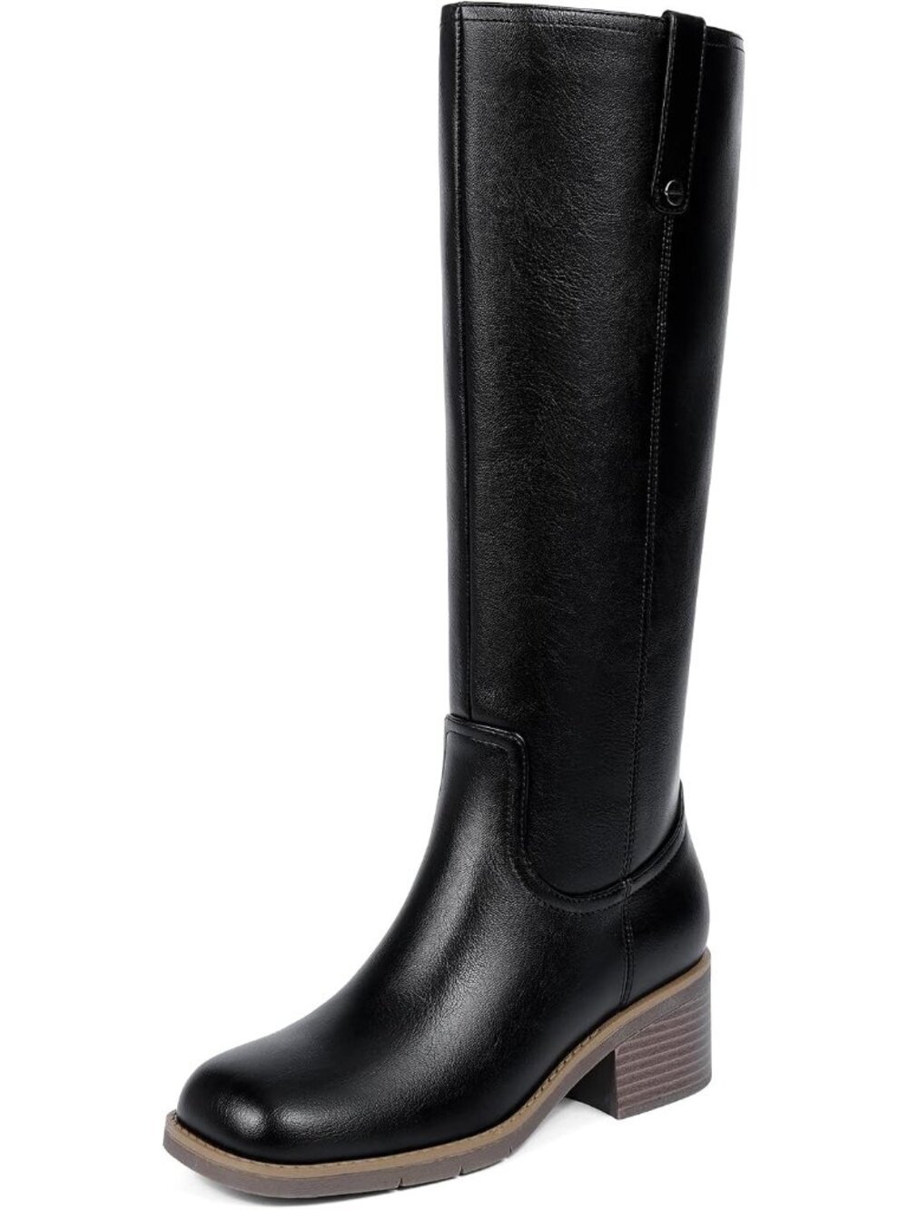 Women's Black Faux Leather Knee High Chunky Block Heel Square Toe Fashion Boots
